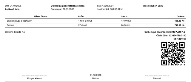 Stvrzenka s QR kódem pro platbu v aplikaci Pečovatelka Deluxe