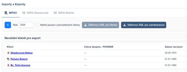 Export výkazu pro MPSV s přehledem klientů, kterým chybí povinný údaj
